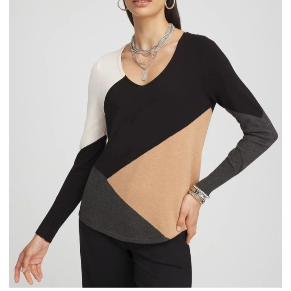 Chicos Travelers Black Tan Colorblock Asymmetrical Knit Sz Womens 2  12/14 ($79)